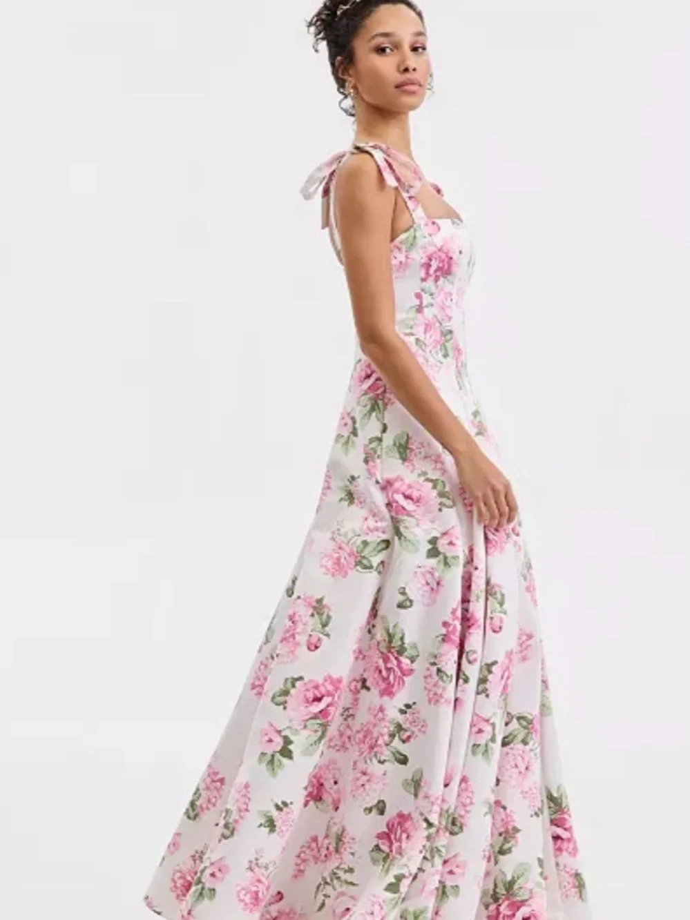 B Darlin White Maxi Dress with Pink Rose Print and Tie Shoulders - Picture 2 of 3